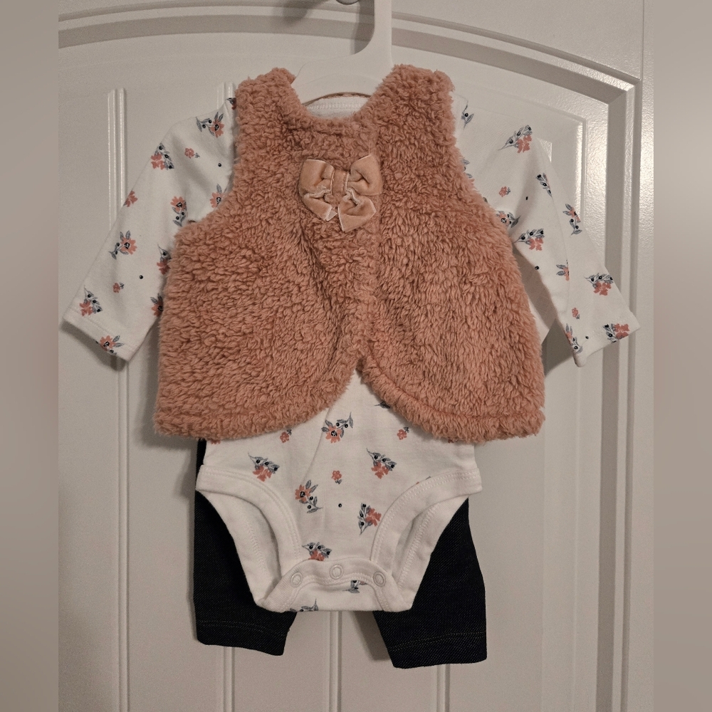 Carter's Baby 3-piece Outfit, Faux Shearling & Pink Flowers, Size 3-mo
